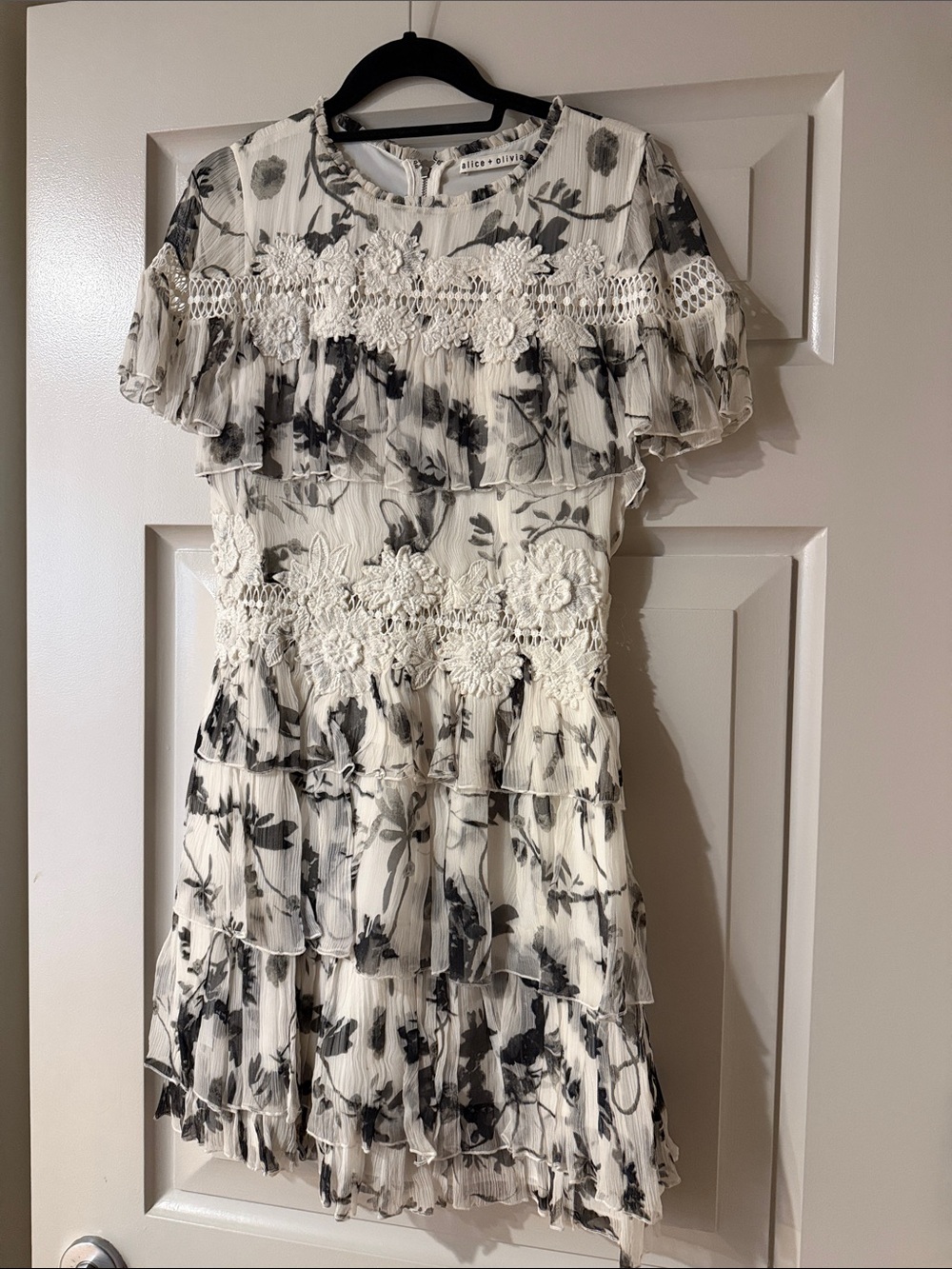 Alice + Olivia Ivory and Black Floral Ruffle Mini Dress